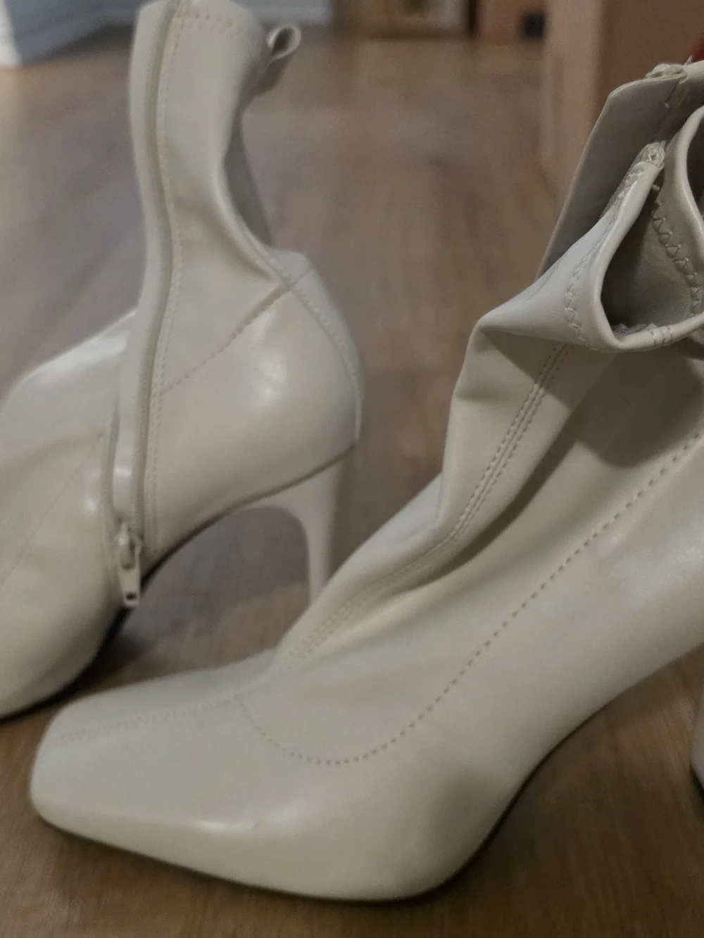 Zara Cream Square-Toe Block Heel Ankle Boots